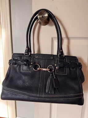 Coach Black Leather Shoulder Bag with Braided Trim and Tassel